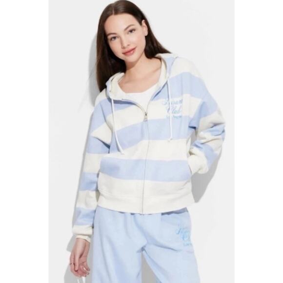 Mighty Fine Leisure Club Hoodie Womens M Blue White Striped Los Angeles Zip Up - Picture 1 of 7